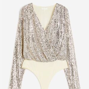 H & M Sequined Bodysuit light beige silver NWT L